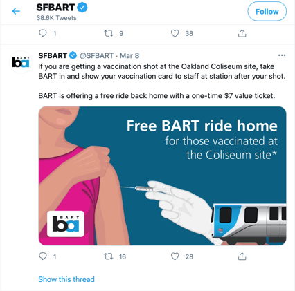 bart tweet offering free ride home from vaccination site