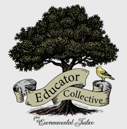 Educator Collective for Environmental Justice logo featuring a tree wrapped in a scroll and a yellow bird.